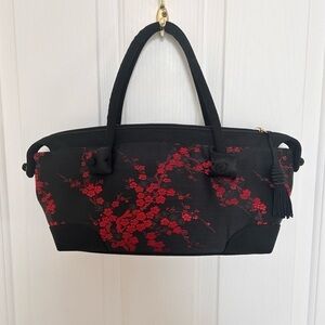 Women Handbag with Wallet, Beautiful Details, Black with Red Flowers